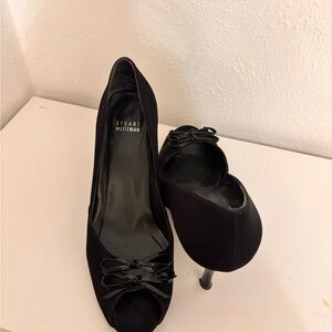 Stuart Weitzman Black Satin Peep-Toe Heels with Bow Accent